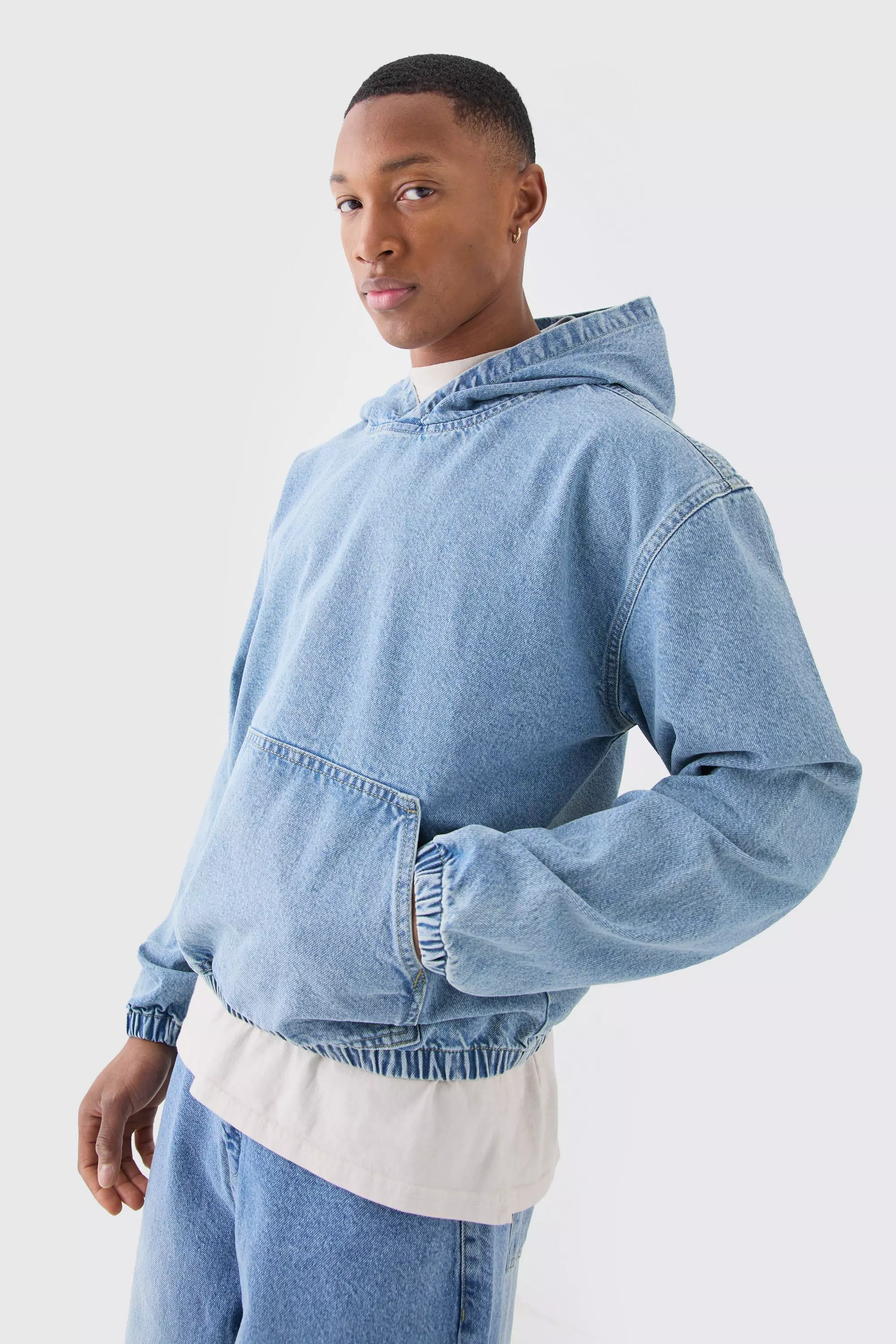 Denim Boxy Fit Hoodie | boohooMAN USA